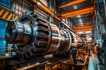 Engineers assembling a large turbine in a modern industrial factory, showcasing the complexity of heavy machinery manufacturing