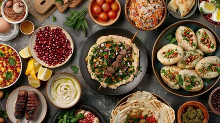 A vibrant assortment of Middle Eastern dishes featuring grilled meat, fresh vegetables, and aromatic spices arranged on a rustic table