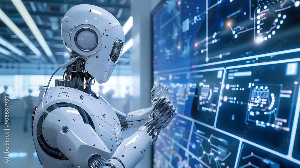 Poster humanoid robot interacts with a large digital screen displaying complex data and information in a fu