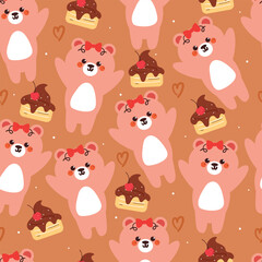 seamless pattern cartoon bear and chocolate cake. cute wallpaper for fabric print, gift wrap paper