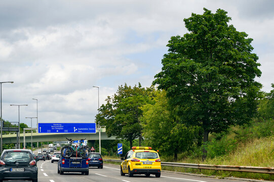 Berlin, Germany - July 13, 2024: Emergency vehicle of a German automobile club on a freeway.