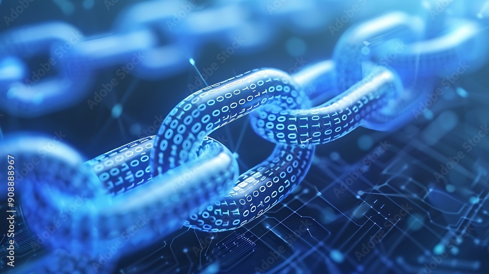 Poster close up of a chain made of digital code. this image represents the power of technology and the impo