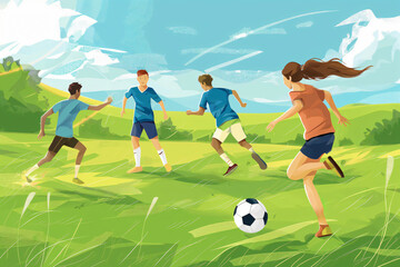 Fototapeta premium Five young people are running on a grassy field, playing soccer on a sunny summer day
