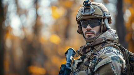 Soldier in camo gear with helmet, sunglasses, and rifle stands in an autumn forest, ready for a mission.