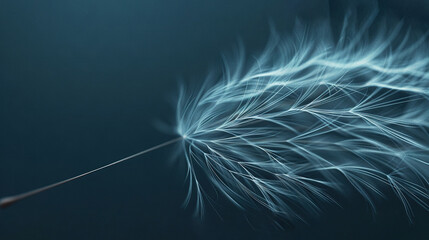   A high-quality image depicts a dandelion in sharp focus against a deep blue backdrop, with a prominent white thread running through its center