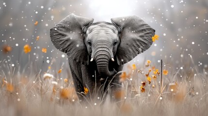   An elephant stands in a field surrounded by yellow flowers as snowflakes fall around it