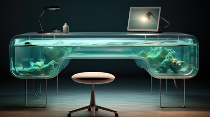 Modern office desk with a transparent computer and floating digital files