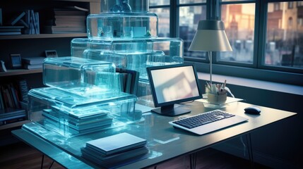 Modern office desk with a transparent computer and floating digital files