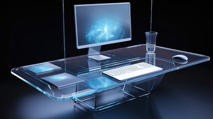 Modern office desk with a transparent computer and floating digital files