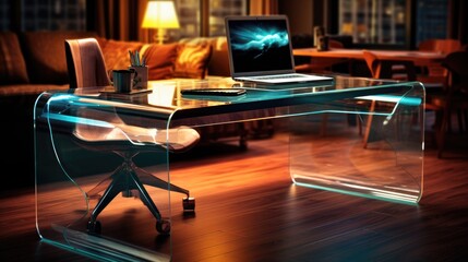 Modern office desk with a transparent computer and floating digital files