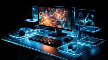 Modern office desk with a transparent computer and floating digital files