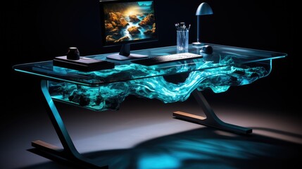 Modern office desk with a transparent computer and floating digital files