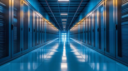 A high-tech, modern data center featuring rows of server racks illuminated by blue and yellow lights.