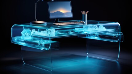 Modern office desk with a transparent computer and floating digital files