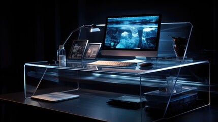 Modern office desk with a transparent computer and floating digital files