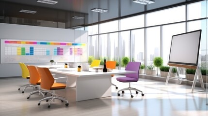 Modern office meeting room with a large whiteboard and colorful sticky notes
