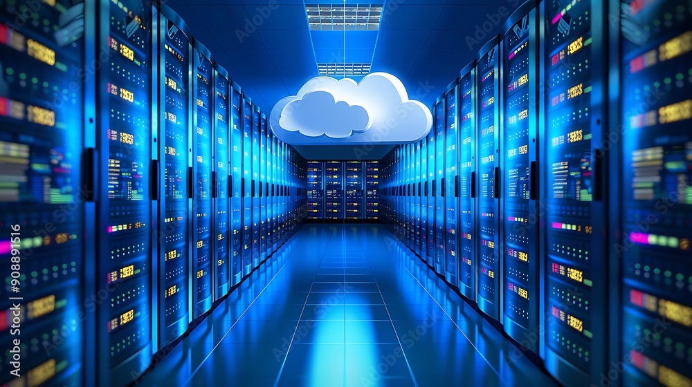 Poster server room with rows of servers and a cloud icon symbolizing cloud computing.