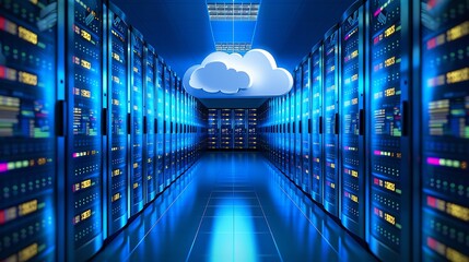 Server room with rows of servers and a cloud icon symbolizing cloud computing.