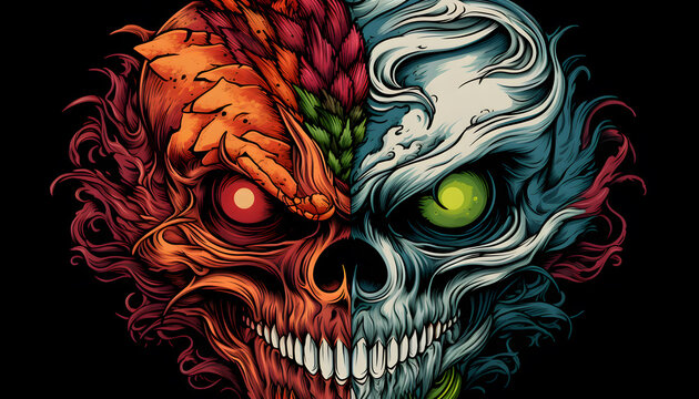 Tribal Skull and Dragon Tattoo lowbrow surrealist illustratration