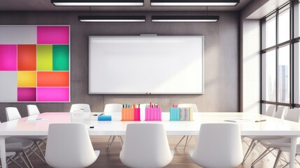 Modern office meeting room with a large whiteboard and colorful sticky notes