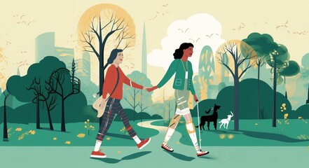 Celebrating Independence and Friendship: Two Women with Disabilities Enjoying a Stroll in the Park.Generated image