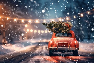 Red vintage car is driving home in the snow with a christmas tree on its roof