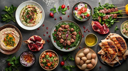 A colorful assortment of Middle Eastern dishes arranged beautifully on a rustic table, highlighting fresh ingredients and flavors