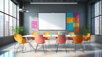 Modern office meeting room with a large whiteboard and colorful sticky notes