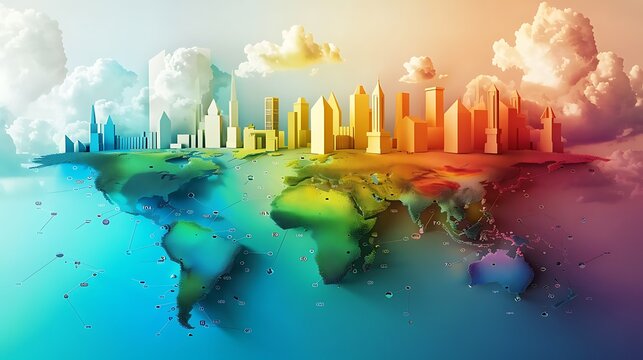 vibrant illustration depicting a cityscape sitting atop a rainbow-colored world map symbolizing the interconnectedness and global impact of urban life. - Powered by Adobe