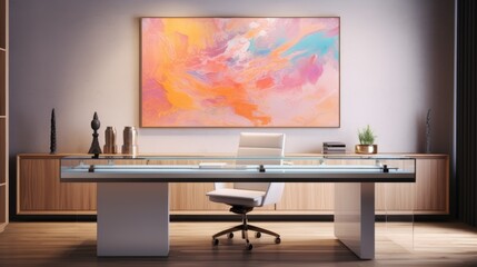 Modern workspace with glass desk and abstract art on wall