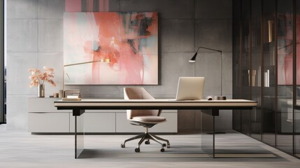Modern workspace with glass desk and abstract art on wall