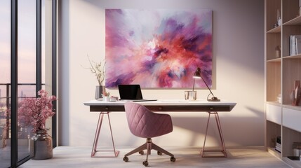 Modern workspace with glass desk and abstract art on wall