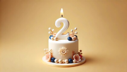 little white birthday cake with a burning candle in the form of the letter "2", decorated with berries and cream flowers against a pastel yellow background