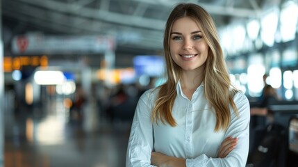 A white flight attendant standing in an airport terminal, smiling and looking confidently at the camera before walking to the plane to work.