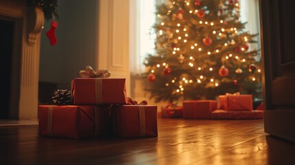 Cinematic low angle shot of a stack of presents under a Christmas tree, illuminated by natural light