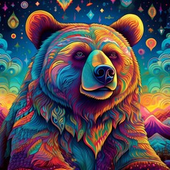 Psychadelic theme Bear. Spirit Animal totem guide illustration