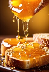 close golden honey drizzling over freshly baked showcasing rich texture glimmering surface sticky liquid, bread, drizzle, food, breakfast, sweet, loaf
