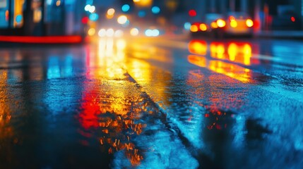Urban Lights Reflecting on Wet Pavement