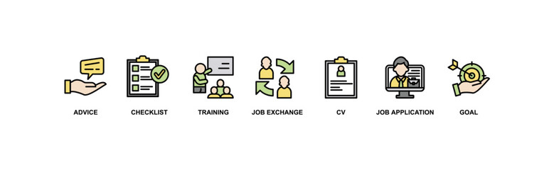 Career planning banner web icon vector illustration concept with icon of define goal, checklist, strengths weaknesses, motivation, qualification, support and success
