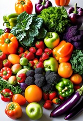 vibrant hues fresh produce displayed light backdrop featuring colorful fruits vegetables, apple, banana, carrot, tomato, lettuce, bell, pepper, onion