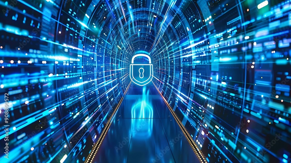 Poster digital tunnel with a padlock at the end representing cybersecurity and data protection in the virtu
