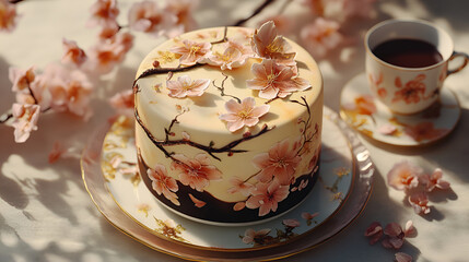 Exquisite Cherry Blossom Cake with Delicate Floral Design and a Cup of Tea on Elegant China Set Perfect for Spring Celebrations