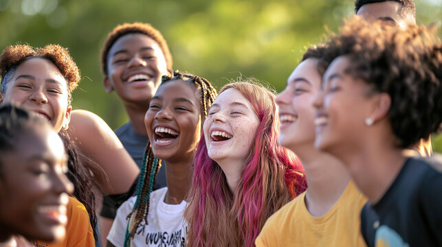 A vibrant group photo featuring a diverse group of young people smiling and laughing together, symbolizing unity and diversity on International Youth Day