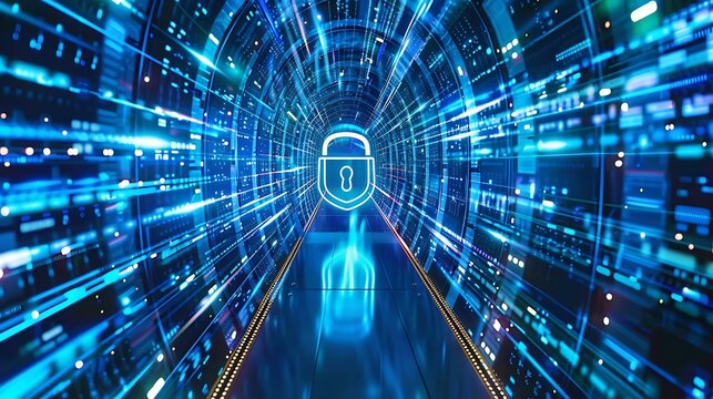 Digital tunnel with a padlock at the end representing cybersecurity and data protection for secure access control encryption firewall defense virtual safety privacy protection system concept.