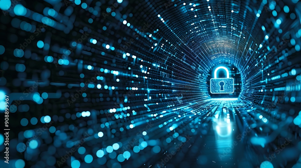 Poster digital tunnel with a glowing padlock at the end representing cybersecurity.