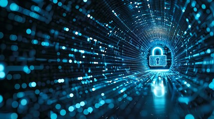 Digital tunnel with glowing padlock at the end for symbolizing cybersecurity protection and secure data flow in advanced digital network concept.
