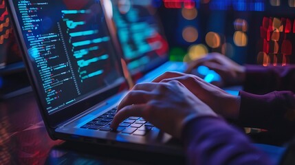 Programmer working late at night typing code on their laptop.