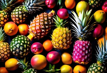 Fototapeta premium close assorted vibrant tropical fruits displayed textured surface featuring colorful dragon fruits, pineapple, mango, papaya, exotic, fresh, healthy