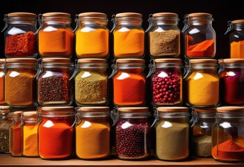 vibrant display colorful spices transparent containers showcasing rich palette natural textures tones, herbs, jars, colors, arrangement, culinary, seasoning