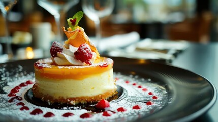 Elegant luxury evening dessert. Delicious dessert served in an elegant restaurant
